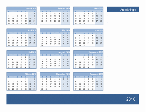 Kalender för 2010 med plats för anteckningar (1 sida, må-sö)