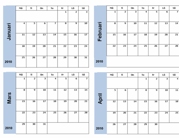 Kalender för 2010 med blå kant (3 sidor, må-sö)