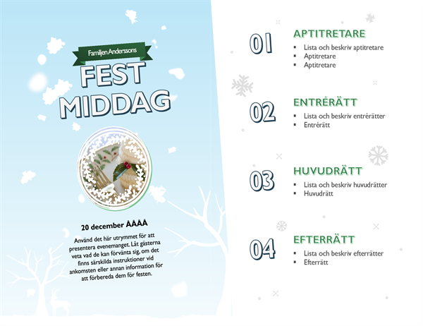 Meny med snöigt helgdagsfoto