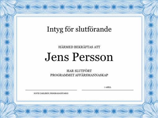 Intyg för slutförande (blå) Intyg för slutförande (blå)