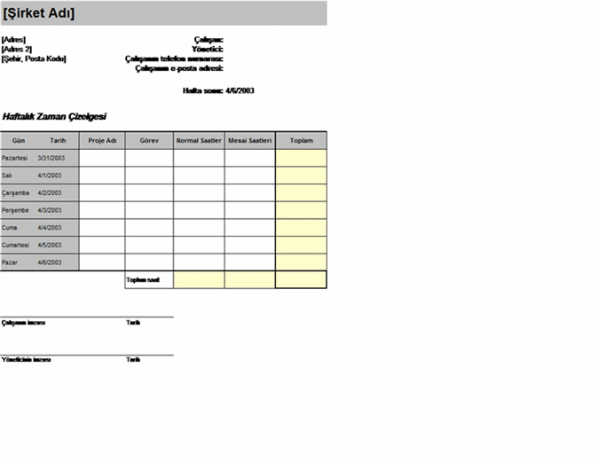 haftalık zaman çizelgesi şablonu excel ücretsiz indir