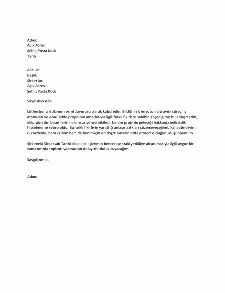Patron ile anlaşmazlık nedeniyle istifa mektubu