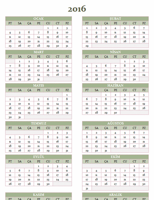 2016-2025 yıllık takvimi (Pzt-Paz)