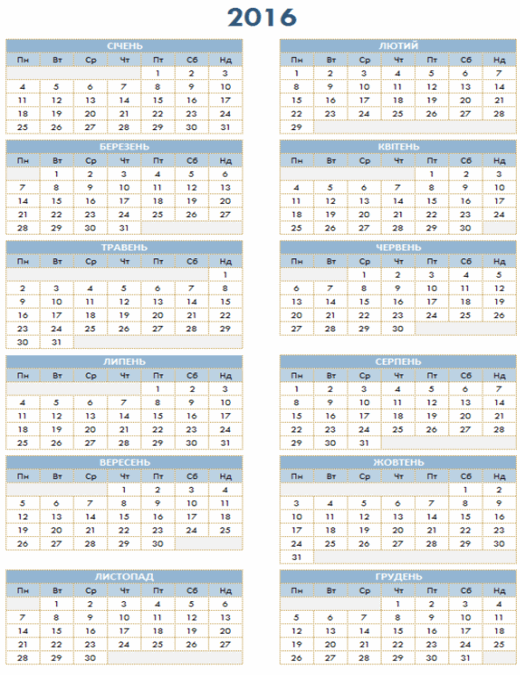 Річний календар на 2016–2025 рр.
