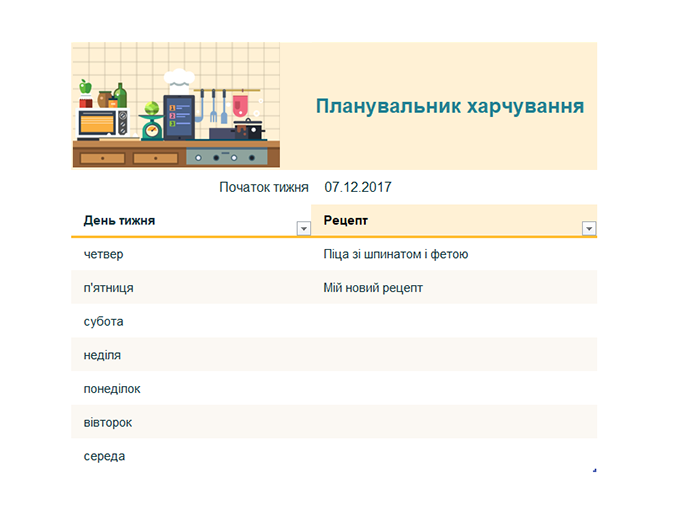 Планувальник меню на тиждень Планувальник меню на тиждень
