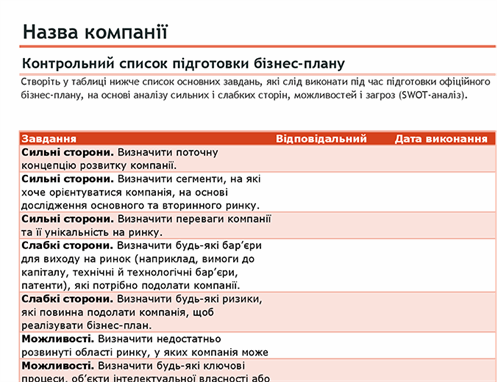 Контрольний список бізнес-плану з аналізом SWOT Контрольний список бізнес-плану з аналізом SWOT