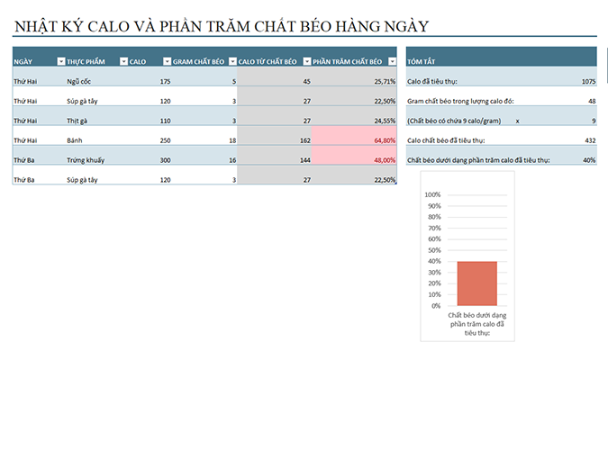 Nhật ký lượng calo và chất béo thực phẩm hàng ngày Nhật ký lượng calo và chất béo thực phẩm hàng ngày