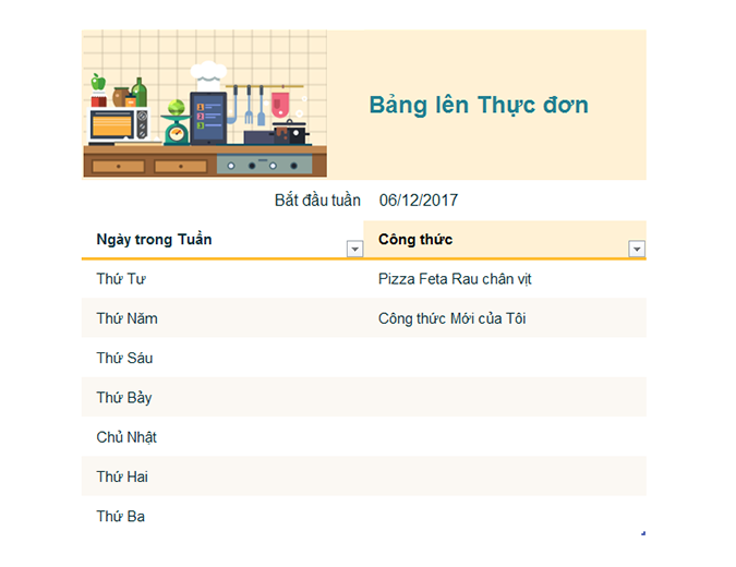 Bảng kế hoạch Bữa ăn Hàng tuần Bảng kế hoạch Bữa ăn Hàng tuần