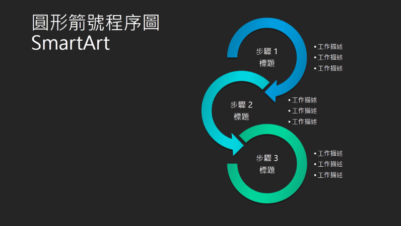 圓形箭號流程圖 SmartArt 投影片 (黑色背景上的藍綠色)，寬螢幕